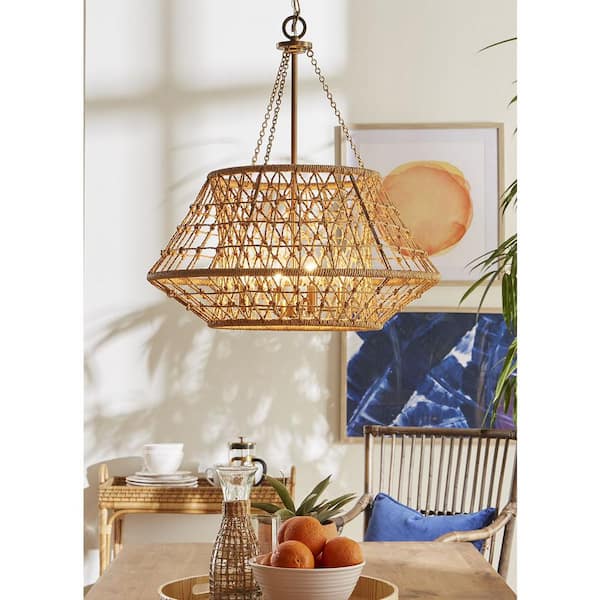 Laila Collection 22.37 in. 4-Light Vintage Brass Chandelier with Woven Jute Accents