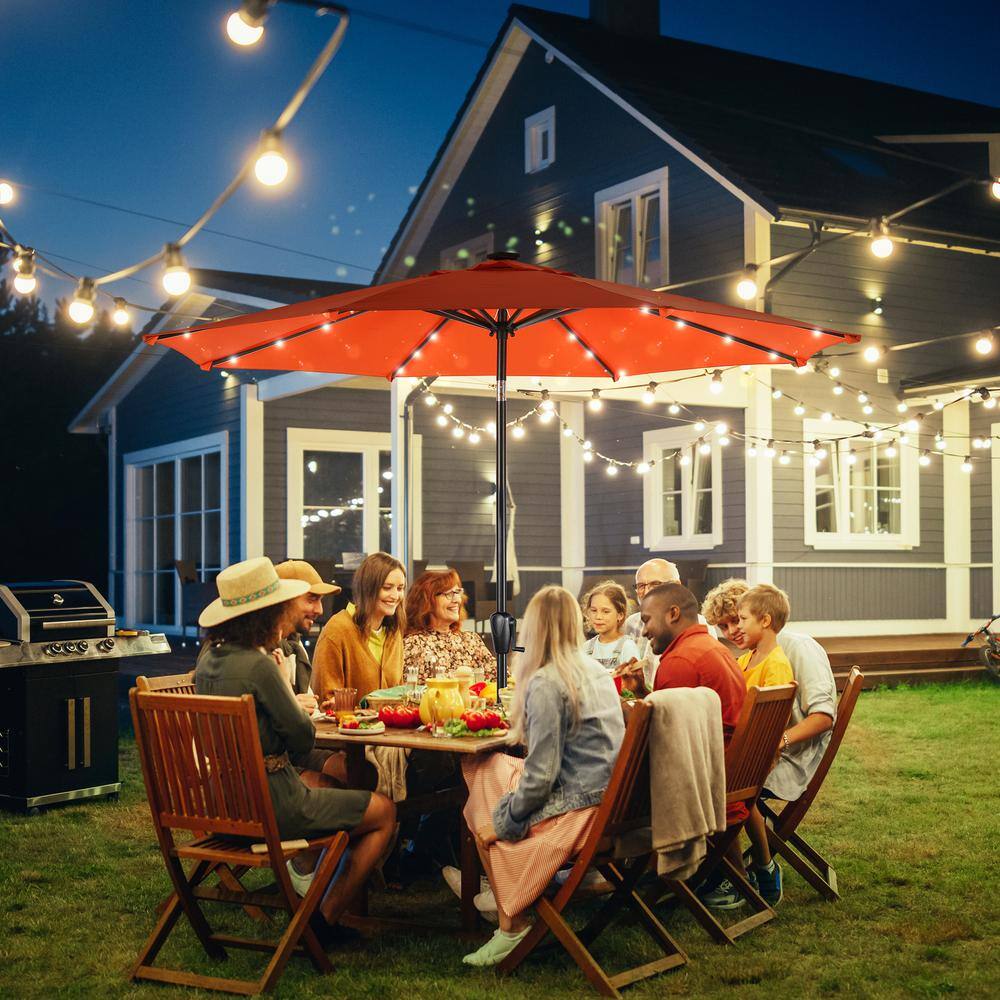 9' Orange Round Steel Patio Umbrella with Solar LED Lights