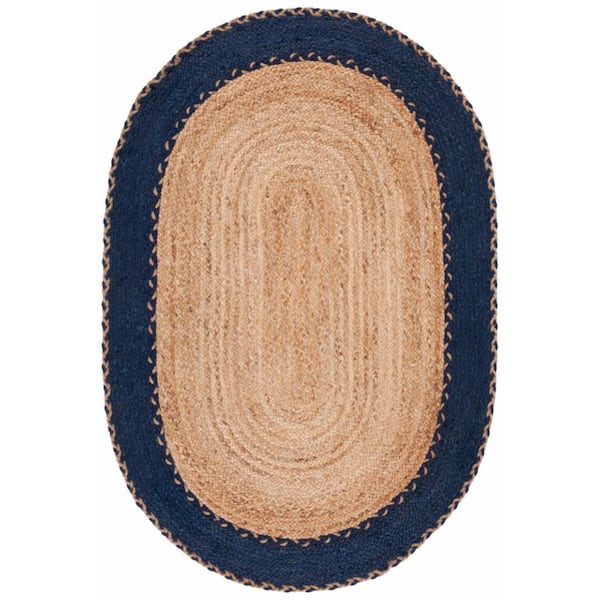 SAFAVIEH Natural Fiber Beige/Navy 4 ft. x 6 ft. Border Woven Oval Area Rug