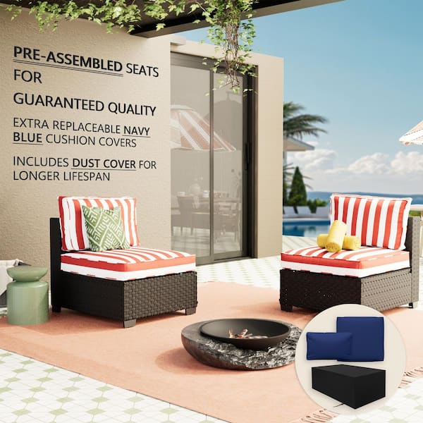 2-Piece Rattan Wicker Outdoor Patio Conversation Sofa Seating Set with Striped Red Cushions and Sofa Protection Cover
