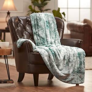 Wolf Tan Teal Polyester Throw Blanket with Reversible Sherpa Shearling-50 in. x 65 in.