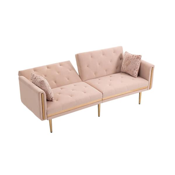 Angel Sar 73.23 in. Width Pink Tufted Velvet Twin Size Sofa Bed with 2 Patterned Pillows