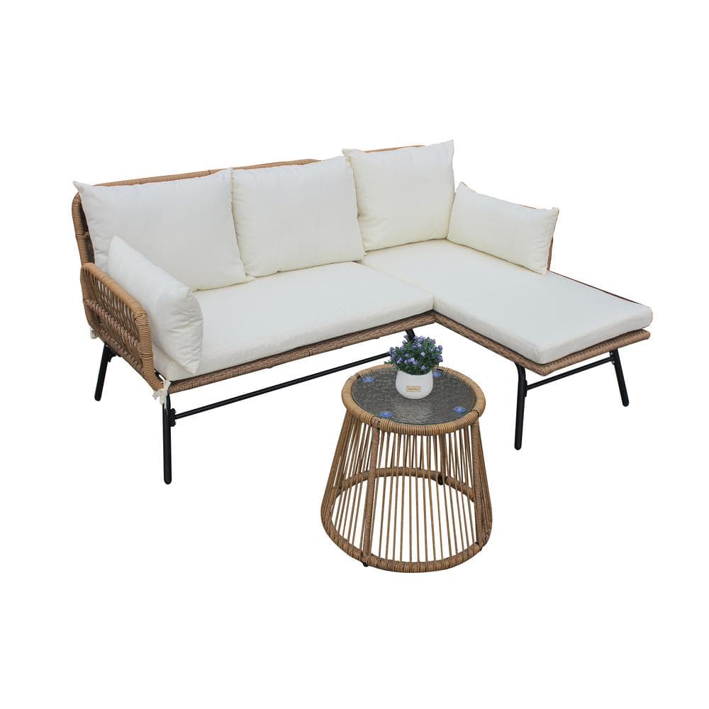 Natalie 3-Piece Hand-Woven Wicker Outdoor Sectional Set with Beige Cushion 