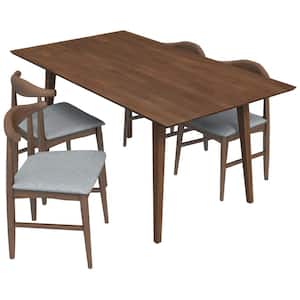 Alister 5-Piece Rectangular Walnut Solid Wood Top Dining Set with 4 Fabric Windham Dining Chairs in Grey