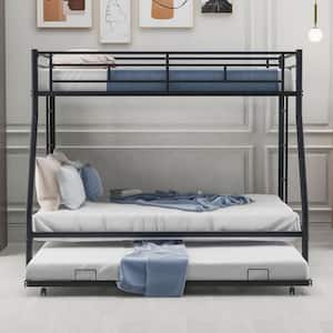 Black Twin Over Full Bunk Bed with Trundle, Metal Bunk Bed Frame with 2-Side Ladders, No Spring Box Needed