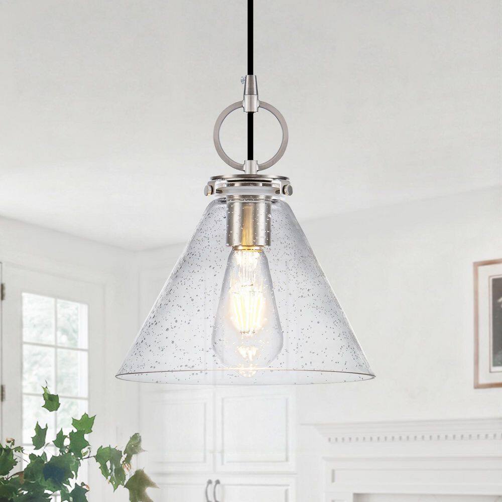 9.05 in. Modern Brushed Nickel Seeded Glass Cone Pendant Light with Woven Cord E26 Socket for Kitchen Island Dining Room price history on PriceWatchPro