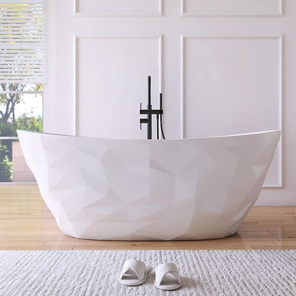 64 in. x 33 in. Stone Resin Solid Surface Flatbottom Freestanding Soaking Bathtub in White