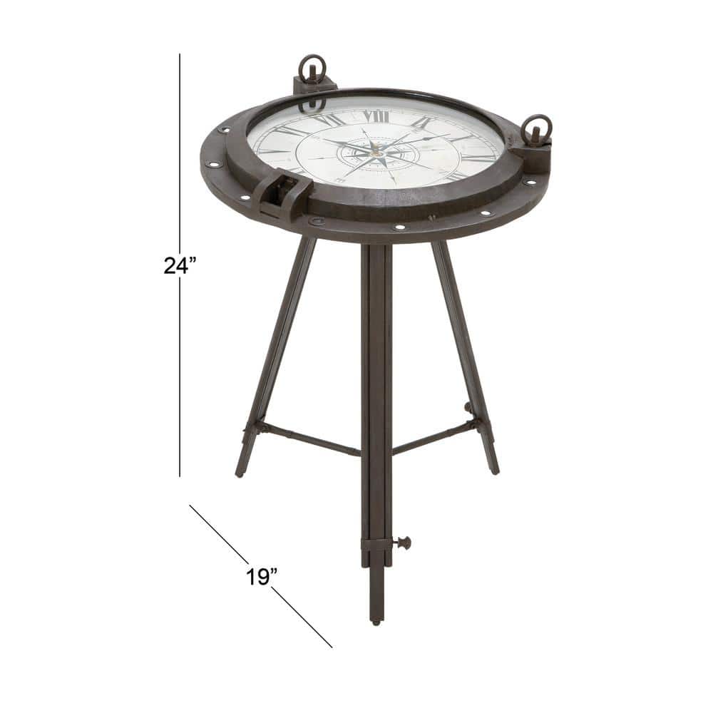 Black Iron Compass Clock Accent Table with Glass Top