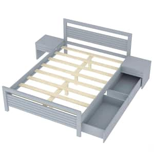 Gray Wooden Frame Full Size Platform Bed with 2 Beside Tables and 2-Drawers