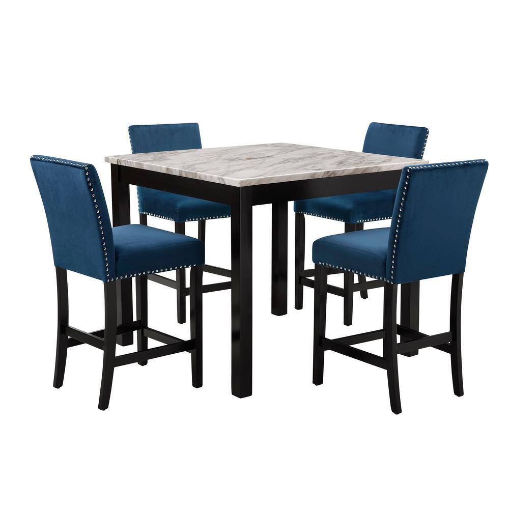 Celeste Blue Velvet and Faux Marble 5-Piece Counter Set