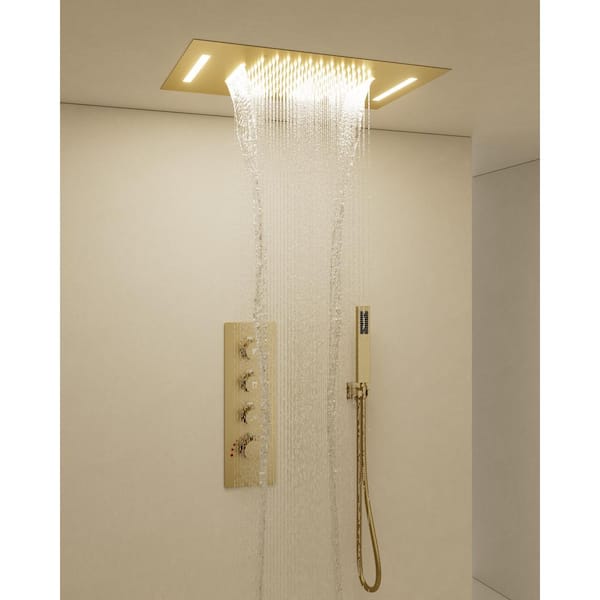CRANACH Thermostatic Valve 7-Spray 23x15 in. LED Dual Ceiling Mount Fixed and Handheld Shower Head 2.5 GPM in Brushed Gold