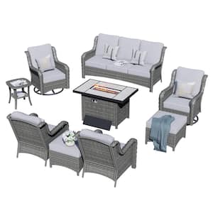 Oreille Gray 9-Piece Wicker Outdoor Patio Conversation Sofa Set with a Rectangle Firepit and Light Gray Cushions