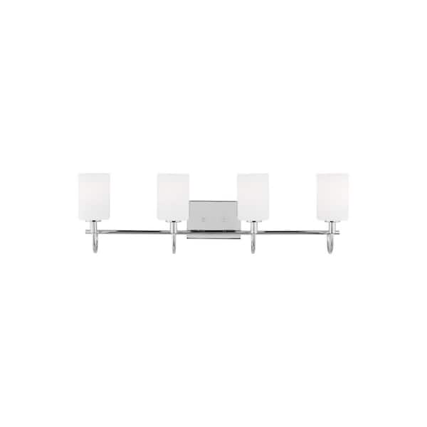 Oak Moore 33.875 in. 4-Light Chrome Vanity Light with Etched/White Glass Shades