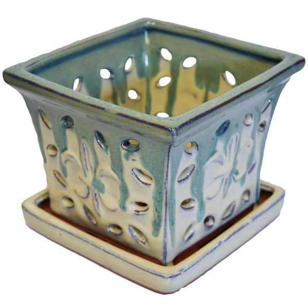 Better-Gro 5 in. Square Green Glazed Ceramic Orchid Pot 54003