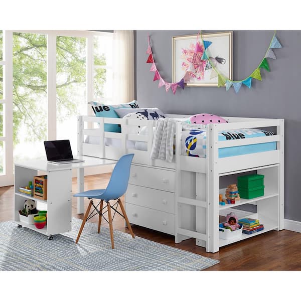 Twin Loft Bed with Desk, Low Study Loft Bed for Kids, Storage Cabinet, Ladder & Bookcase Shelf in White