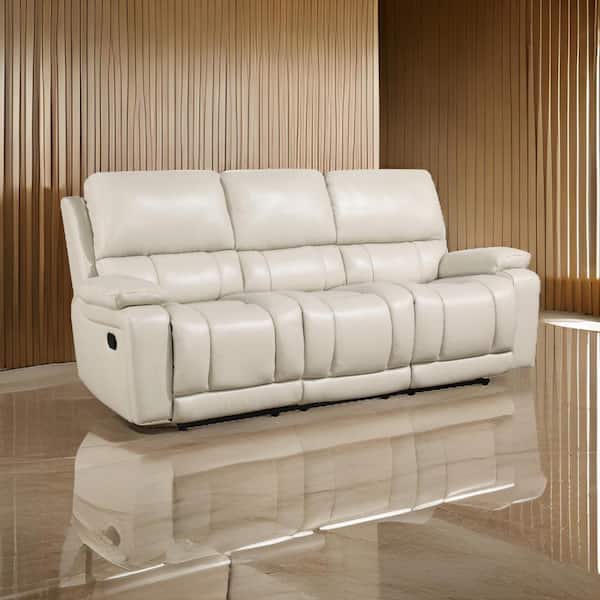 Benjara 85 in. Pillow Top Arm Leather Rectangle Cushioned Seat Recliner Sofa in Cream White