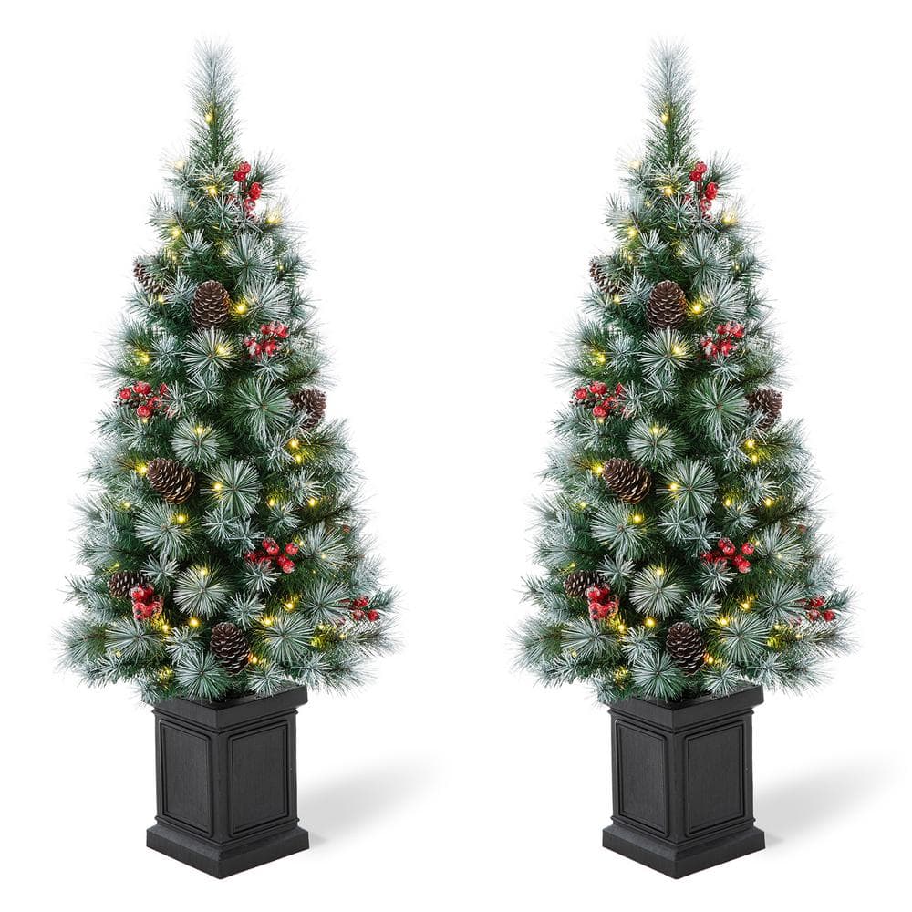 Glitzhome 4 ft. Pre-Lit Pine Artificial Christmas Porch Tree with 80 Warm  White Lights, Pine Cones and Red Berries (2-Pack) 2030800009 - The Home