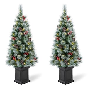 4 ft. Pre-Lit Pine Artificial Christmas Porch Tree with 80 Warm White Lights, Pine Cones and Red Berries (2-Pack)