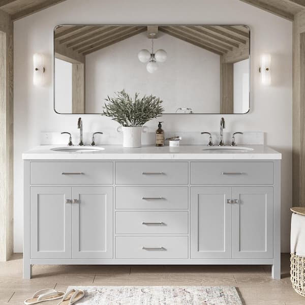 ARIEL Bristol 72.25 in. W x 22 in. D x 36 in. H Double Sink Freestanding Bath Vanity in Grey with Carrara White Quartz Top