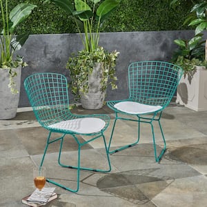 Morgan Teal Stationary Metal Outdoor Patio Dining Chair with White Cushions (2-Pack)