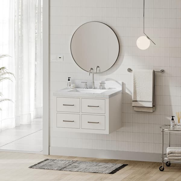 ARIEL Hutton 30 in. W x 22 in. D x 19.6 in. H Single Sink Freestanding Bath Vanity in White with Carrara White Quartz Top