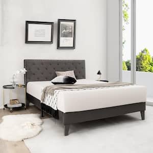 Gray Metal Frame Queen Size Platform Bed with Tufted Headboard Mattress Foundation