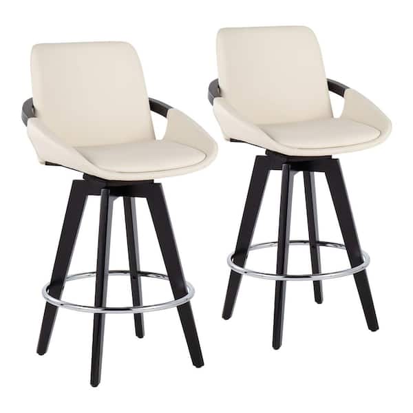 Lumisource Cosmo 37 in. Cream Faux Leather and Black Wood High Back Counter H Bar Stool with Round Chrome Footrest (Set of 2)