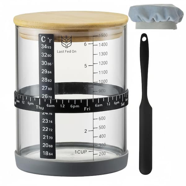 Sourdough Starter Jar Kit, 50 oz. Glass with Scale Lines, Dough Scraper, Thermometer, Date Band, Cloth Cover Bamboo Lid