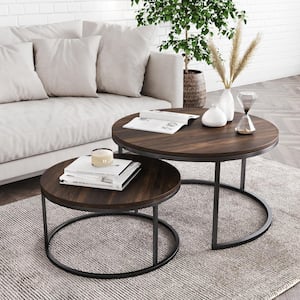 Stella 2-Piece 32 in. Black/Nutmeg Medium Round Wood Coffee Table Set with Nesting Tables