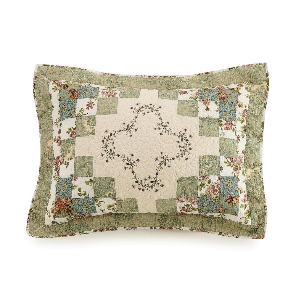 King Green Cotton Embroidered Patchwork Sham