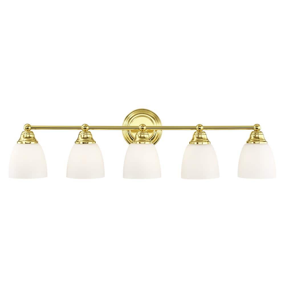Beaumont 34 in. 5-Light Polished Brass Vanity Light with Satin Opal White G