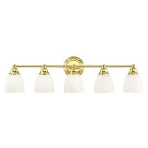 Beaumont 34 in. 5-Light Polished Brass Vanity Light with Satin Opal White Glass
