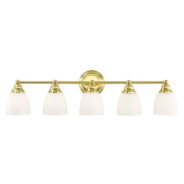 Livex Lighting Beaumont 34 in. 5-Light Polished Brass Vanity Light with Satin Opal White Glass