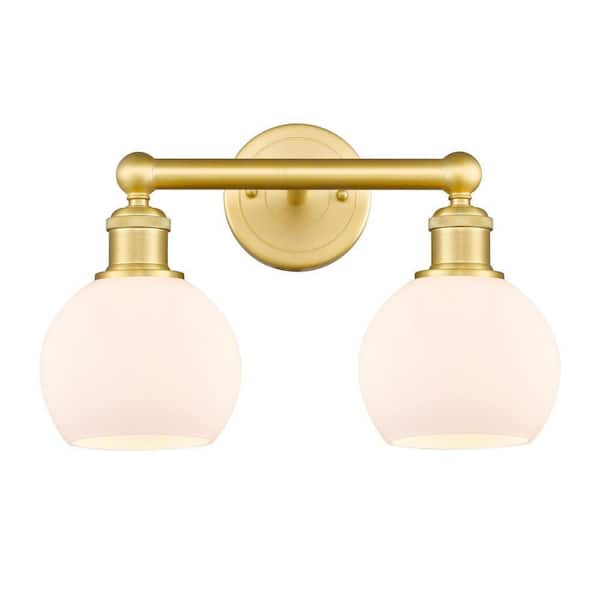 Athens 15 in. 2-Light Satin Gold Vanity Light with Glass Shade