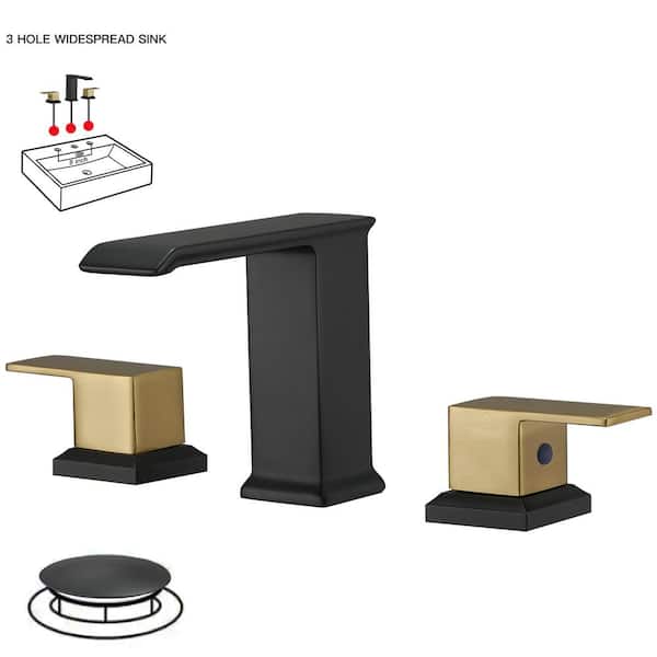 BWE 8 in. Waterfall Widespread 2-Handle 3 Holes Bathroom Faucet With Metal Drain in Spot Resist Black Gold