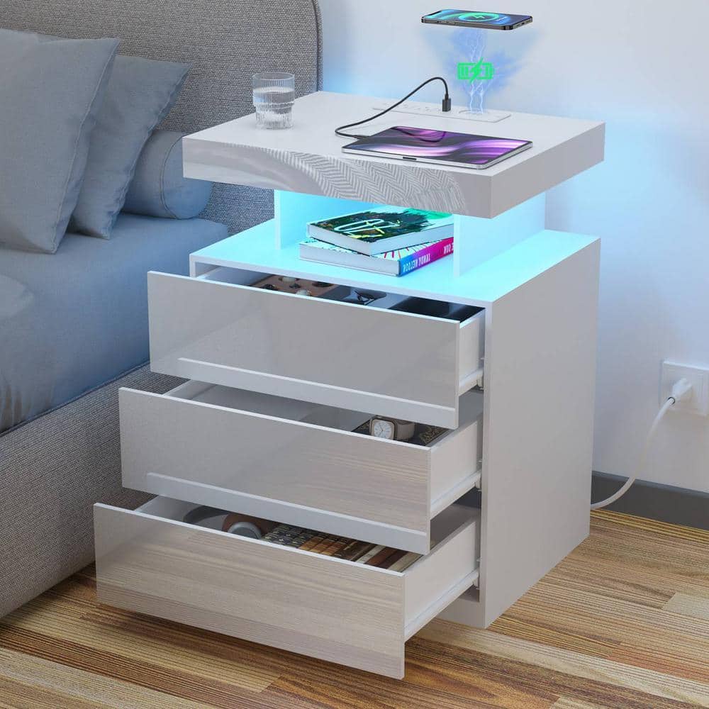 LEDライト付き ナイトテーブル 3段 ホワイト WOODYHOME Modern White 3-Drawer 26.8 in. H x 19.7 in. W x 15.8 in