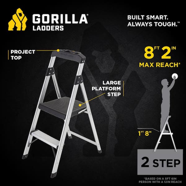 2-Step Aluminum Step Stool Ladder, 250 lbs. Type I Duty Rating (8ft. Reach Height)