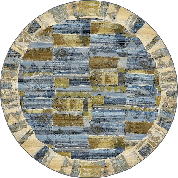 Unique Loom Outdoor Glyph Blue 8' 0 x 8' 0 Round Rug