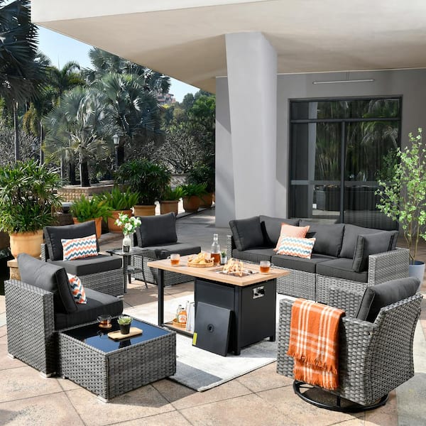 Toject Sanibel Gray 10-Piece Wicker Patio Conversation Sofa Set with a Swivel Chair, a Storage Fire Pit and Black Cushions