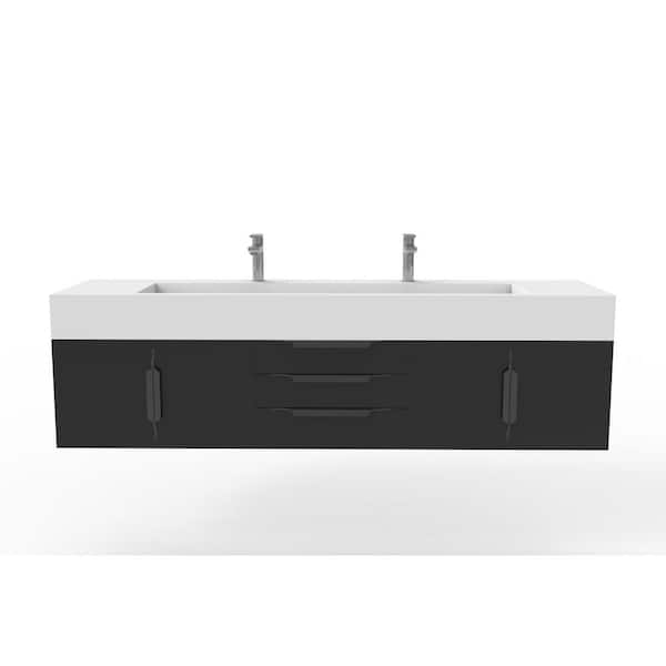 castellousa Nile 72 in. W x 19 in. D x 20 in. H Single Bath Vanity in Matte Black with Black Trim and White Solid Surface Top