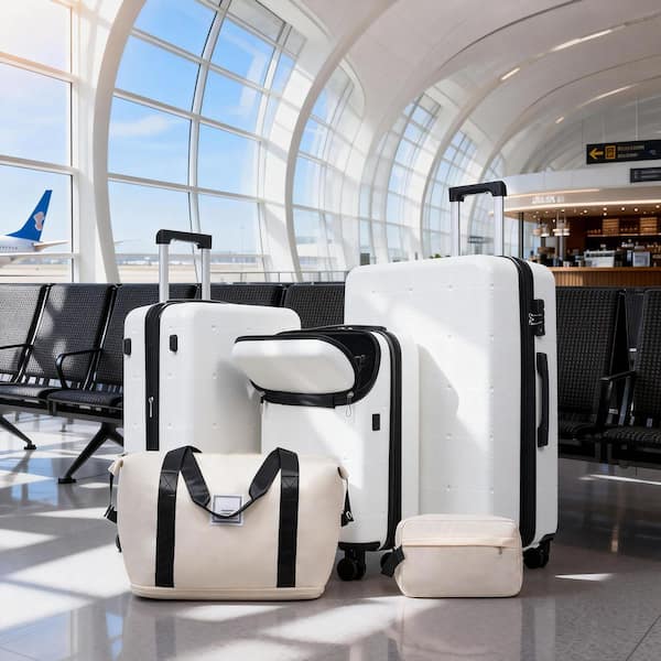 Polibi 5-Piece White ABS Hardside Luggage Set with Bags, USB Port