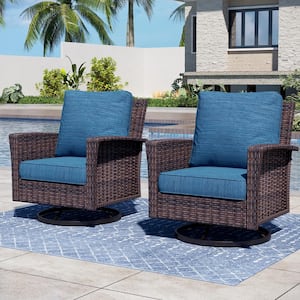 Dark Brown High Back Swivel Wicker Outdoor Lounge Chair with 5.5 in. Thick Blue Cushions (2-Pack)