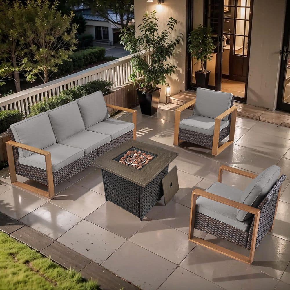 Cube Edge 4-Piece Brown Wicker Fire Pit Conversation Set with Olefin Gray Cushions and Couch/Patio Lounge Chairs price history on PriceWatchPro