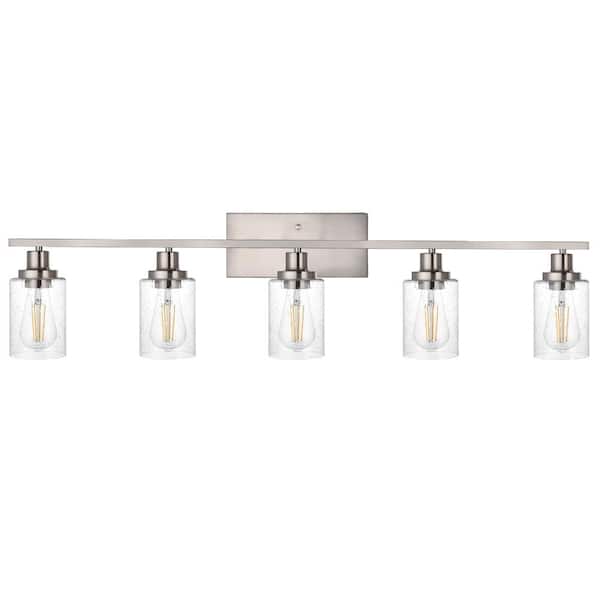40 in 5 Light Brushed Nickel LED Vanity Light Bar with Seeded Glass Shades for Bathroom Mirror