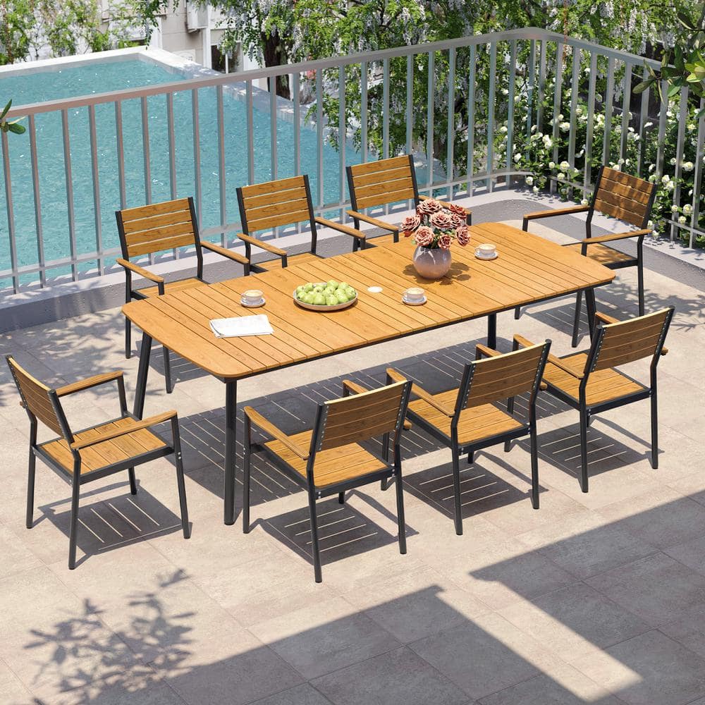 9-Piece Metal Aluminum Rectangular Patio Outdoor Dining Set with Stackable Arm Dining Chairs and Umbrella Hole, Brown price history on PriceWatchPro