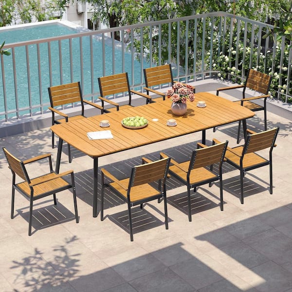 Pellebant 9-Piece Metal Aluminum Rectangular Patio Outdoor Dining Set with Stackable Arm Dining Chairs and Umbrella Hole, Brown