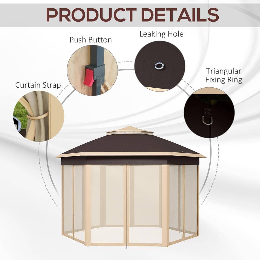 Beige Hexagonal Pop-Up Gazebo with Mesh Netting and Steel Frame