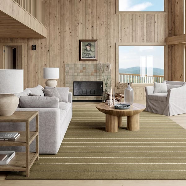 Nightwalk Striped Wool Olive Green 6 ft. x 9 ft. Indoor/Outdoor Patio Area Rug