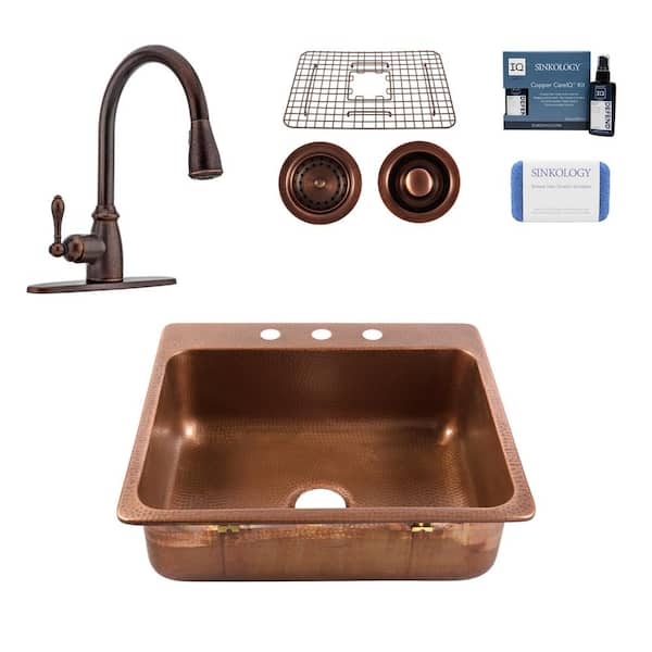 SINKOLOGY Angelico 25 in. 3-Hole Drop-in Single Bowl 17 Gauge Antique Copper Kitchen Sink with Canton Faucet Kit