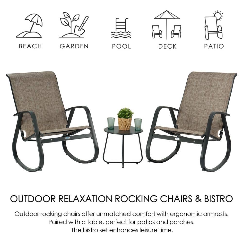Black Aluminum Frame Beige Mesh Fabric Outdoor Rocking Chair Set